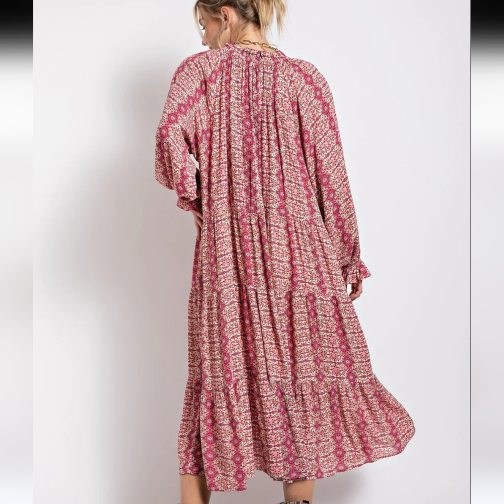 New! Easel Paisley Pink Printed Long Sleeve Gauze Maxi Dress - Picture 2 of 6